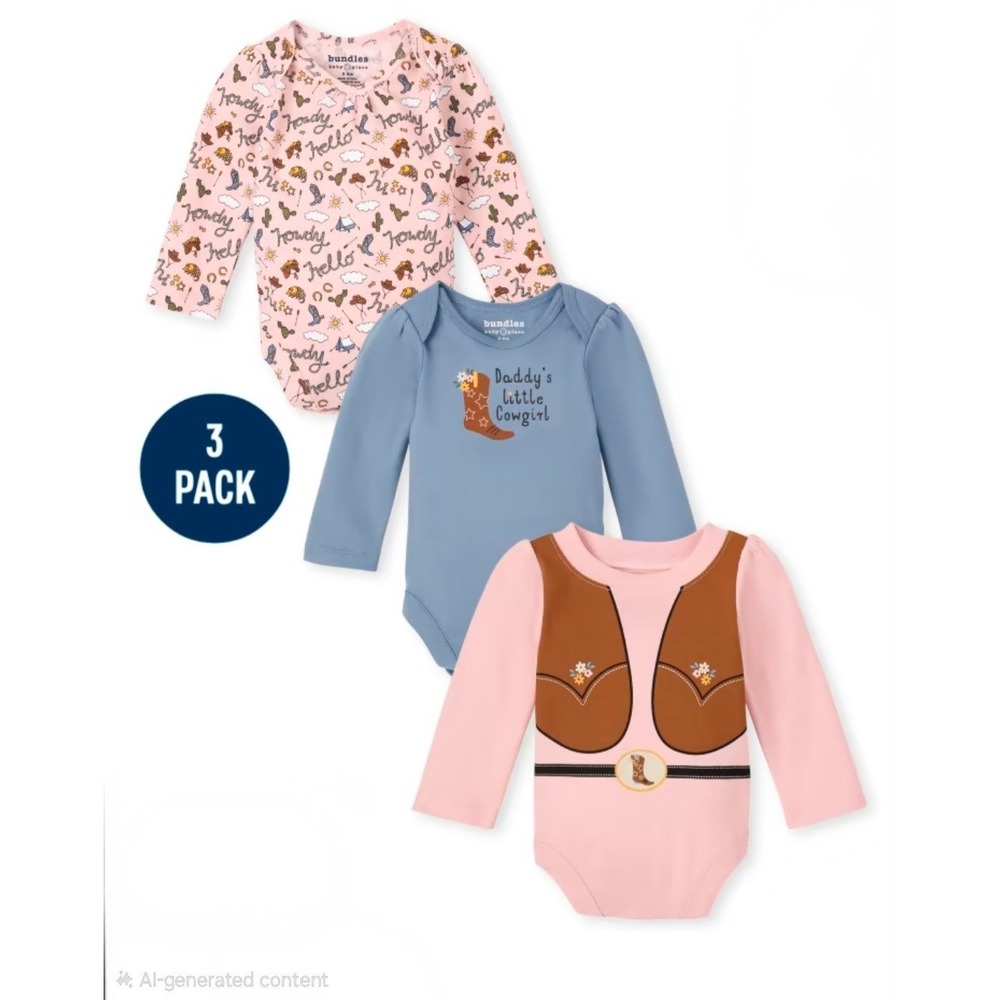 NWOT The Children's Place Baby Girls Cowgirl Bodysuit 3-Pack 100% Cotton RTL $30
